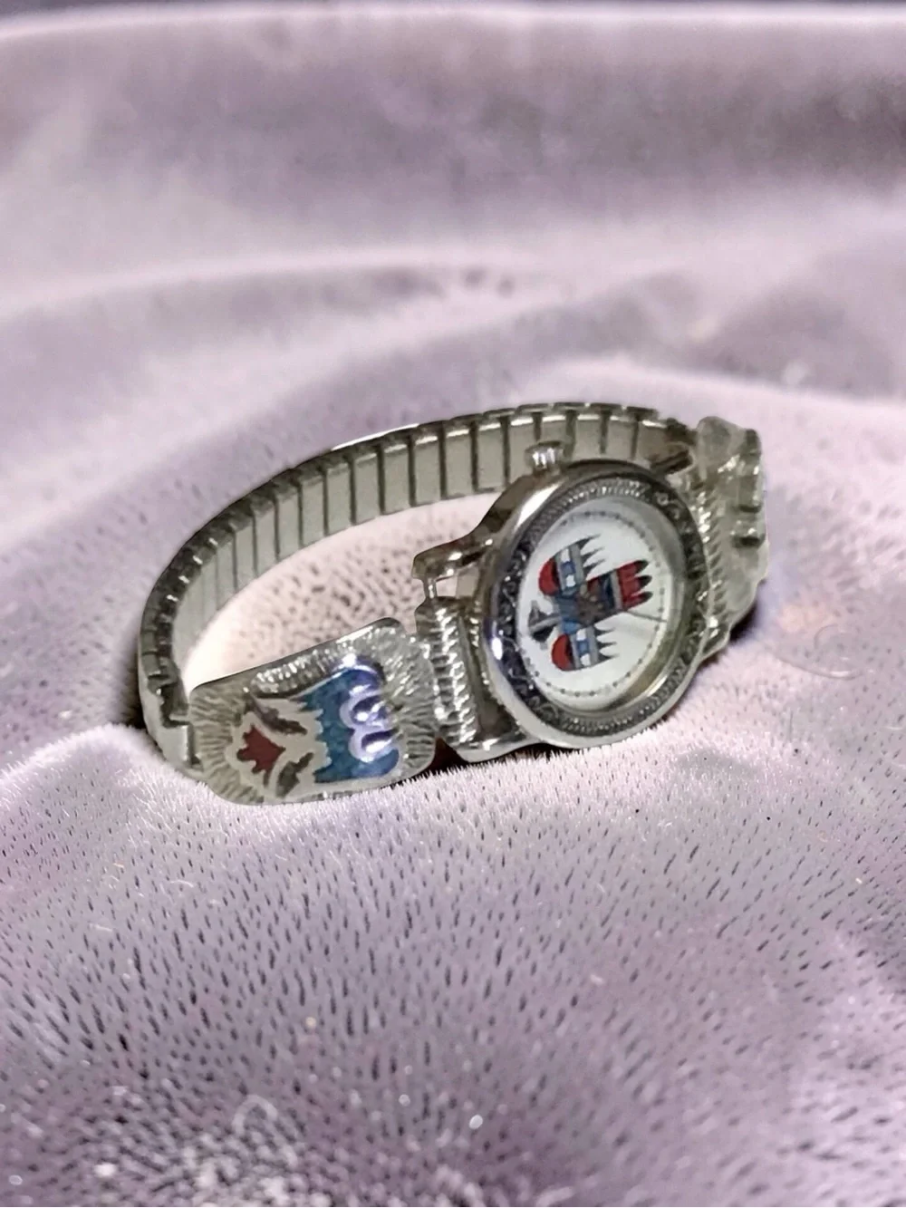 Navajo Sterling Turquoise/Coral Inlay Thunderbird Tips + Black Apache Watch